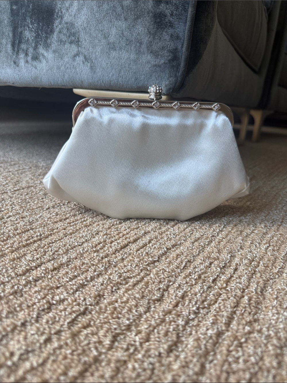 Satin White Evening Clutch with Silver Frame